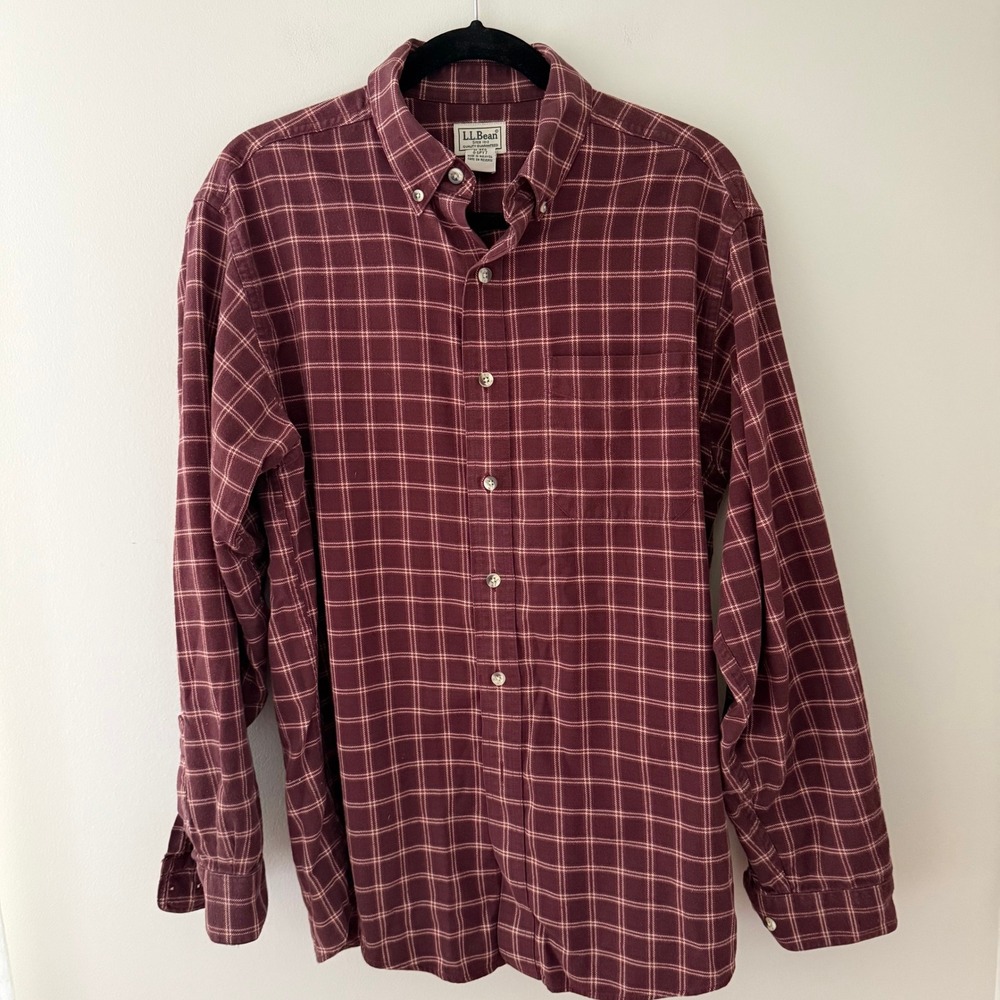 LL Bean Mens Burgundy Windowpane Plaid Flannel Shirt Cotton M-Reg 06PY7